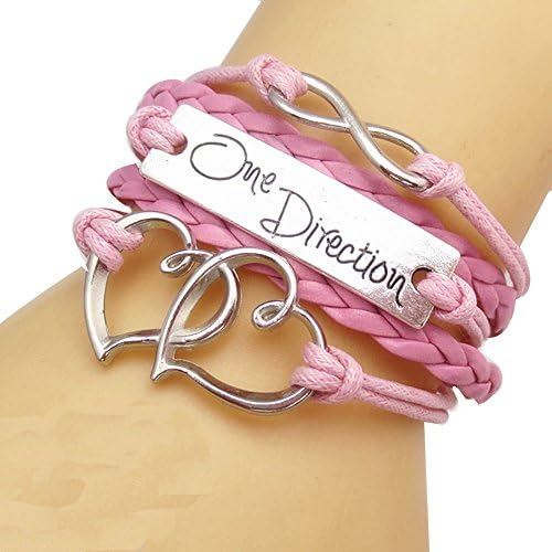 JQUEEN Double Heart Carved One Direction Words Vintage Silver Infinity Leather Rope Bracelet Bangle