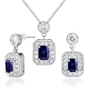 Alluring 3.50 carats Radiant Cut Created Blue Sapphire Pendant Earrings Set in Sterling Silver Rhodium Finish