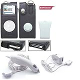 Black Leather Case for Apple Ipod Nano + White Car Charger for Apple Ipod Nano + White Travel Charger