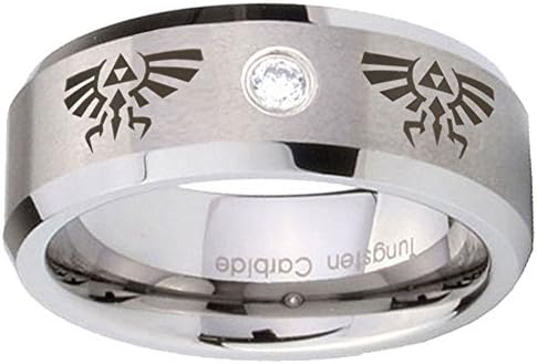 8MM Tungsten legend of zelda Cubic Zirconia Satin Middle Silver Beveled Edges Mens Band Ring Size 9