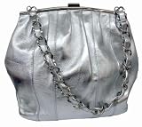 Solas Jovi Evening Bag Silver Leather Inside Lights Up Tote Purse Handbag