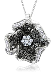 14k White Gold Flower White and Black Diamond Pendant Necklace - 1.25 carat