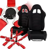 Universal JDM Black Reclinable Racing Seats with Red Stitching and RED 5 Point 2 Seat Belts - Pair