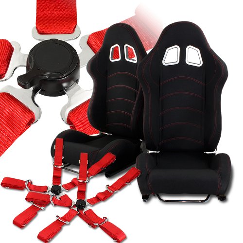 Universal JDM Black Reclinable Racing Seats with Red Stitching and RED 5 Point 2
