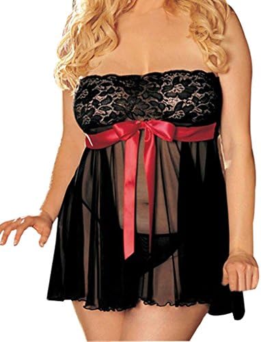 RainbowTree Women's Sexy Lace Lingerie Babydoll Plus Size Nightwear G-String Set