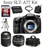 Sony A77 24.3 MP Translucent Mirror Digital SLR (Body) + SAL50F18 DT 50mm F1.8 SAM Lens + SAL55200/2 DT 55-200mm F4-5.6 SAM Lens + Deluxe Camera Case + Spare NPFM500H Li-Ion Battery Pack + 32GB Memory Card + Tripod + Filters