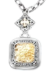 925 Silver Hammered Square Pendant Necklace with 18k Gold Accents- 18 IN