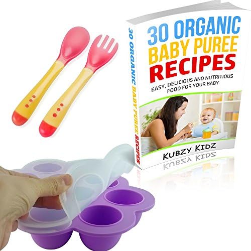 Silicone Baby Food Freezer Storage tray Container by Kubzy, 10 Holes Food Freezer Ice Cube Tray Plus Baby spoon and fork Gift, Free e-Book - BPA Free and FDA approved