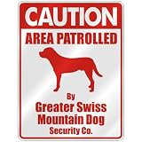 CAUTION  AREA PATROLLED BY GREATER SWISS MOUNTAIN DOG SECURITY CO.  PARKING SIGN DOG