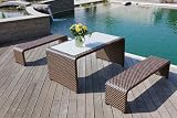 Designer Tischruppe Luiz, Gartenmöbel Set, bestehend aus einem Tisch und 2 Bänke aus wind- und wetterfestem Polyrattan (ohne Glasplatte)