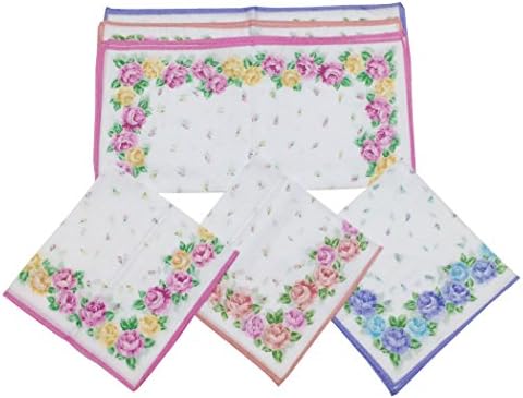 OWM Handkerchiefs Border Printed Vintage Rose White Cotton Handkerchiefs (Pack of 12)