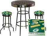 Green Bay Packers NFL Football Glass Top Chrome Bar Table Set With 2 Swivel Bar Stools