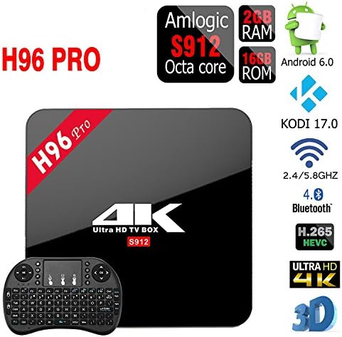 H96 PRO Android 6.0 2GB/16GB TV Box, Yubng Amlogic S912 Octa Core 4K Kodi 17.0 Fully Loaded Double WiFi 2.4G/5G Bluetooth 4.0 Streaming Media Player (H96 PRO 2GB/16GB + I8 Wireless Keyboard Black)