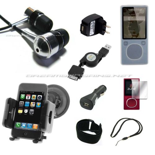 Childrens Toyshop  Sporting Goods : DreamBargains Premium Zune 4GB 8GB 16GB 9-piece Accessory Bundle Kit - Soft Protective Silicone Sleeve - White + Durable Metallic Sound Isoloating In-Ear Earphones + USB Retractable Cable - Black + USB Car Charger - Black + USB Travel / Home Charger + Adjustable Armbad + Neckstrap - Black + Protective Screen Film + Fully Adjustable Windshield Mount - Black