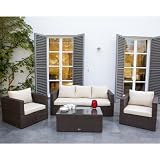 Monaco Rattan Furniture Set - 5 Seater Garden Sofa 2 Armchairs and Glass Top Coffee Table - Black