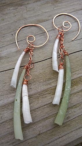 Dentalia Shell Statement Earrings: Tumbling Columbia White, Green, and Copper Cascade