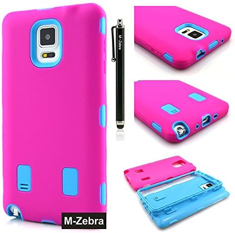Note 4 Case, M-Zebra Galaxy Note 4 Case Cover - Shock Absorption / High Impact Resistant Full Body Hybrid Armor Protection Defender Case Cover for Samsung Galaxy Note 4,with Screen Protectors+Stylus (Black)+Cleaning Cloth (B-Hot Pink & Blue)