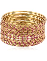 Chamak by priya kakkar Set of 12 Handmade Gold Hot Pink Crystal Polka Dots Bangle Bracelet, 7.5"