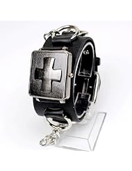 Punk Gothic Cross Design Ladies Women Men Genuine Leather Wrist Watch Black
