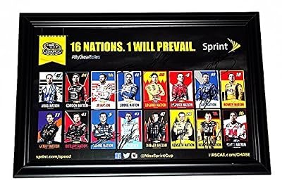 *16X AUTOGRAPHED* Chase for the Sprint Cup 16 NATIONS / 1 WILL PREVAIL (Official NASCAR Hero Card) Signed NASCAR Large-Size 11X17 Glossy Photo with COA (Displayed in 13X19 Black Picture Frame) SIGNED BY: Jeff Gordon, Dale Earnhardt Jr, Jimmie Johnson, Kas