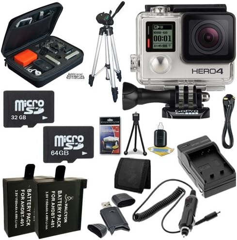 GoPro HERO4 Silver + AHDBT-401 Replacement Lithium Ion Battery + External Rapid Charger + 32GB microSD Class 10 Memory Card + 64GB microSD Class 10 Memory Card + Micro HDMI Cable + Custom GoPro Case for GoPro HERO4 and GoPro Accessories + Full Size Tripod + SDHC Card USB Reader + Memory Card Wallet + Deluxe Starter Kit  DavisMAX Bundle 10