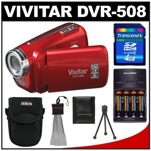 Vivitar DVR-508 HD Digital Video Camcorder Recorder (Red) + Case + 4GB Card + Battery & Charger + Accessory Kit