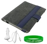 Grey and Dark Blue Canvas Case and 12V Car Charger for Amazon Kindle 2 E-Reader Reading Device (Kindle NOT Included)