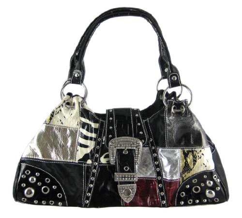 Black Patchwork Studded Rhinestone Buckle Purse