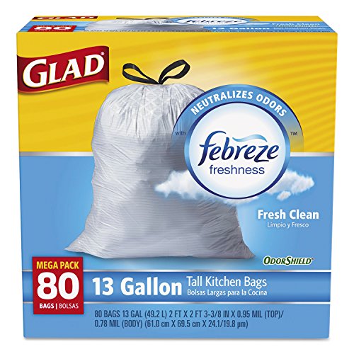 Glad OdorShield Tall Kitchen Drawstring Trash Bags, Fresh Clean, 13 Gallon, 80 Count