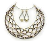 Tri Tone Mesh Woven Bib Necklace Earrings Set