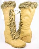 Tan Furry Platform Lace-Up Knee Vegan Wedge Boots
