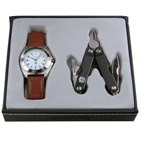 Field & Stream Men's Brown Leather Watch and 8 Function Multi-Tool Set #F502GWSBMT-LC