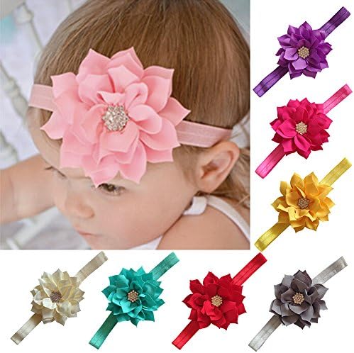 Lisli 10pcs Cute Girl Baby Toddler Infant Flower Headband Fashion Head Ties Hair Bow Band Headwear Accessories Set (Crystal Flowers-10pcs)