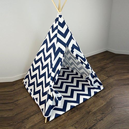 Large Chevron Navy Blue and White Zig Zag Kids Indoor Play Teepee Tent with Matching Mat in Cotton Canvas