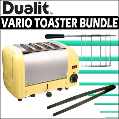 Dualit (40416) Vario Canary Yellow 4-Slice Classic Toaster with Dualit Sandwich Cage and Kuhn Rikon Silicone Tongs