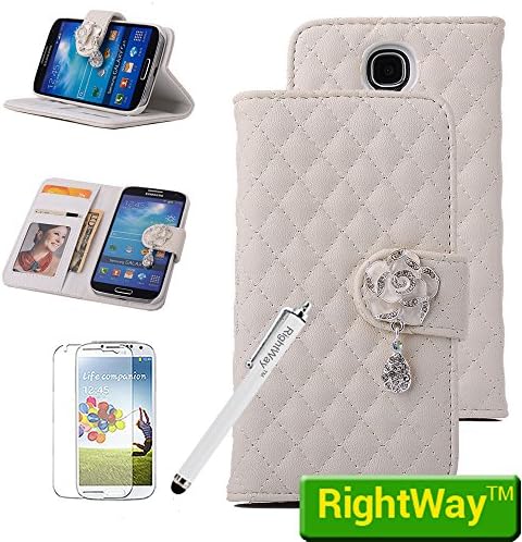 Rightway Samsung Galaxy S4 I9500 Folio Grid Stand Leather Case Camellia Diamante Pendant Photo Credit Card Slots Wallet +1 Screen Protector And 1 Stylus White