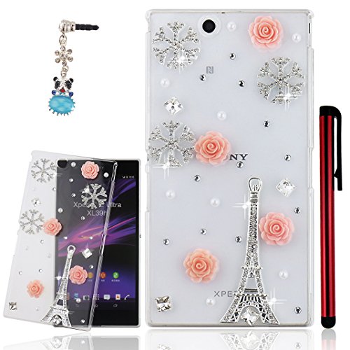 Ancerson Pink Rose Flower Silvery Snowflake 3D Handmade Luxury Shining Glitter Crystal Diamond Rhinestones White Hard Back Case Cover for Sony Xperia Z Ultra XL39h Free with a Red Stylus Touchscreen Pen, a 3.5mm Universal Crystal Diamond Rhinestones Bling Lovely Silvery Flower Blue Panda Pendant Dust Plug and a Cleaning Cloth (Transparent Clear Case) (Silvery France Paris Romantic Eiffel Tower)