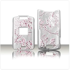PCMICROSTORE Brand AT&T Cingular Motorola MOTORAZR Razr V3xx Snap-On Rubberize Silver Flower Pattern Crystal Case Cover