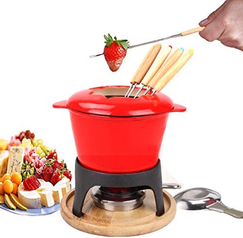 Yinray Fondue Set - Stylish Red Cast Iron Porcelain Enamel - For All Styles of Fondue Such As Cheese and Chocolate