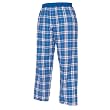 Royal (French) Blue and Silver tartan plaid check flannel cotton pants for lounging, sleep, sports. Unisex relaxed fit, exposed elastic waist
