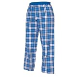 Royal (French) Blue and Silver tartan plaid check flannel cotton pants for lounging, sleep, sports. Unisex relaxed fit, available in 3 Youth sizes, exposed elastic waist