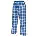 Royal (French) Blue and Silver tartan plaid check flannel cotton pants for lounging, sleep, sports. Unisex relaxed fit, available in 3 Youth sizes, exposed elastic waist