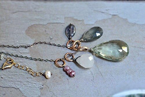 Prasiolite Green Amethyst Moss Aquamarine Mixed Stone Cluster Oxidized Sterling Silver &amp; 14kt Gold Filled Necklace