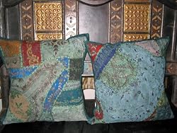 2 Shabby Green Vintage Sari Patchwork Toss Pillow Cushion Covers