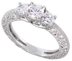 Sterling Silver Vintage Style Engagement Ring, w/ two 4mm (.25 ct) & one 5mm (.5 ct) Round CZ Stones, 3/16" (5mm) wide