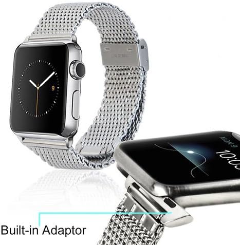 Gomebuy Silver Stainless Steel Mesh Apple Watch Band with Easy Slide in Silver Polished Classic Adaptor for 42mm Screen Apple Watch