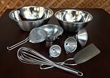 Deluxe 9 (Nine Piece) Industrial Grade Stainless Steel Funnel Bakeware Set with Wide Mouth. Large, Medium, Small Funnels, Spatula, Mixer and Two Bowls