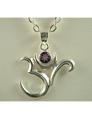 Thick 925 Sterling St Silver Stand Alone Om Ohm Aum Tibetan Buddhist Spiritual Buddha Enlightened One Birth Stone February Purple Amethyst Colored CZ Cubic Zirconia Pendant Necklace  1 1/4 x 1 1/2 inches