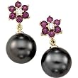 14K Yellow Gold Tahitian Cultured Button Dark Grey "A" Quality Pearl, Rhodolite Garnet and Diamond Earrings