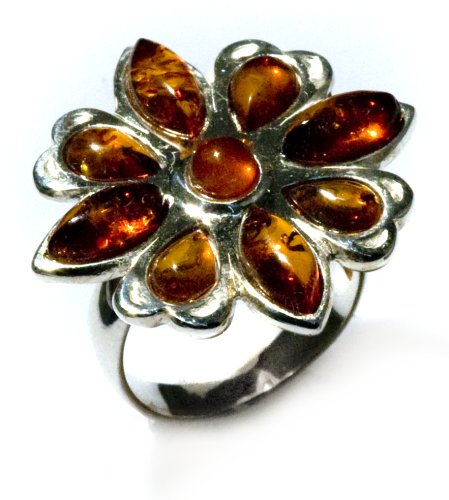 Sterling Silver Honey Brown Amber Flower Ring